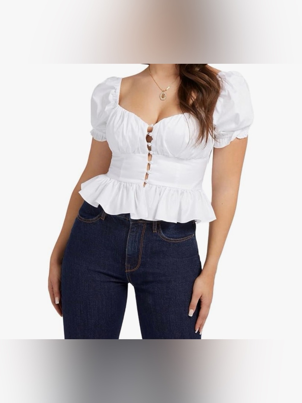 Guess White crop Puff-Sleeve Button Peplum Blouse size m